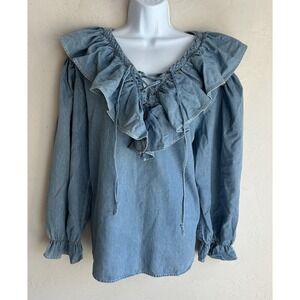 Vintage NY Line Denim Ruffle Lace Up Top L Oversized Cottagecore Boho Prairie